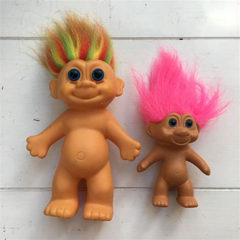 Vintage Troll Dolls, Set of Two, Large Troll Doll, Small Troll Doll, Rainbow Haired Troll, Pink ...