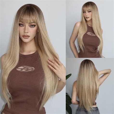 SZDUDU Synthetic Natural Blonde Wigs for Women, 26in Long Straight Bob Wig with Bangs, Lace ...