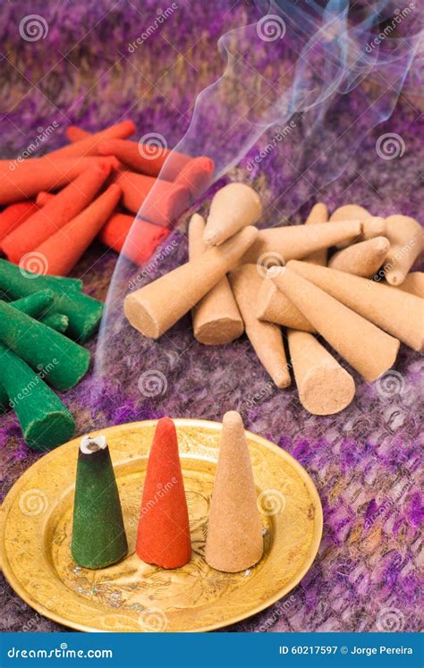 Colored and Perfumed Incense Cones Burning Stock Image - Image of smoke, perfumed: 60217597