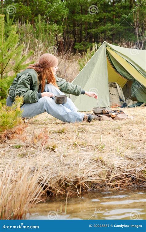 Camping Woman Tent Cook Food Fire Nature Stock Image - Image of vacation, firewood: 20028887