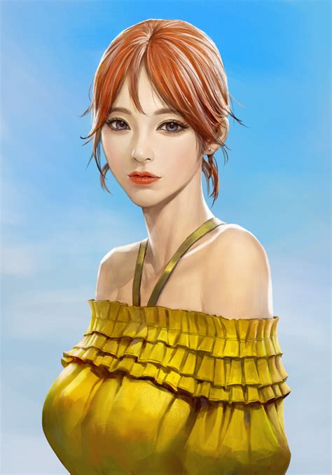 Wallpaper : Asian, women, artwork, face, portrait, blue background, redhead, bare shoulders ...