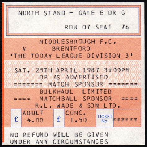 Middlesbrough v Brentford – ticket – 1986-87 – Brentford FC Memorabilia