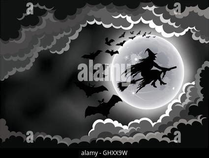 Wicked witch silhouette and bats flying by the moon Stock Vector Image ...