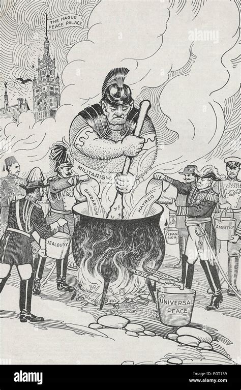 1915 Satirical Political Cartoon showing Militarism stirring a pot that ...