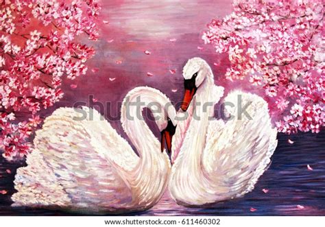 Oil Painting Swan Pink Flowers Stock Illustration 611460302