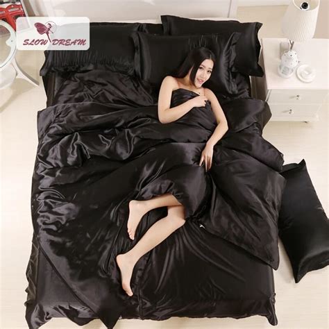 Slowdream Black Silk Satin Bedding Set Solid Color Bed Linen Silver ...