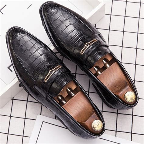 Black Croc Gold Wingtip Mens Loafers Prom Flats Dress Shoes ...