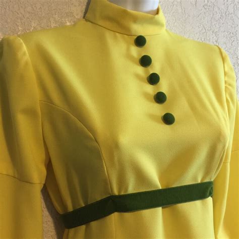 Vintage Maxi Dress Canary Yellow with Green Velvet | Etsy