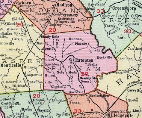 Putnam County, Georgia, 1911, Map, Eatonton, Linchburg, Clopton, Spivey, Rudden