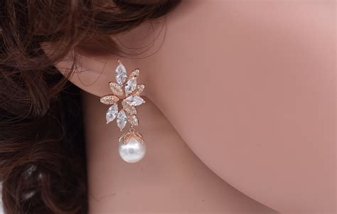 Pearl bridal earring, pearl drop earrings, rose gold earrings, rose gold pearl, pearl earrings ...