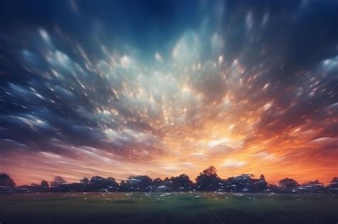 A sunset over a field with a field and trees in the foreground ...