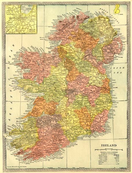 IRELAND showing counties. Pre-partition. Inset Belfast 1907 old antique map