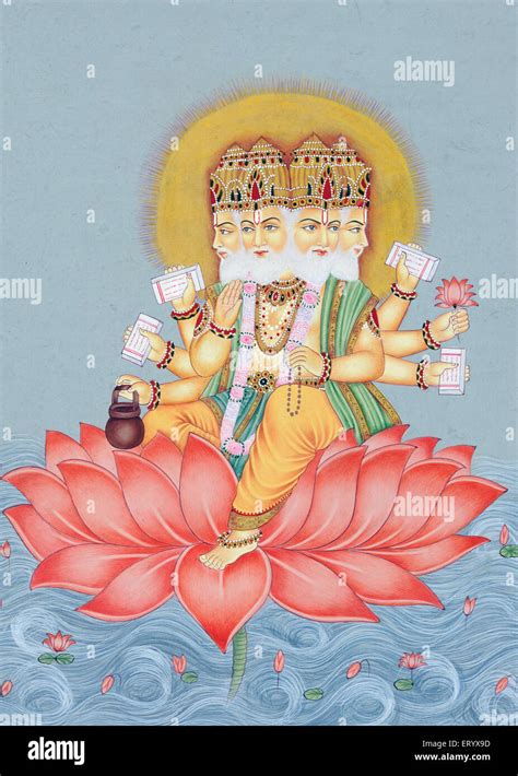 Lord Brahma sitting on lotus flower, miniature painting, India Stock ...