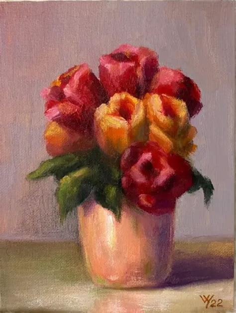ROSES ORIGINAL OIL Painting Still Life Impressionism Realism Vase 6 x 6" Flowers $82.00 - PicClick