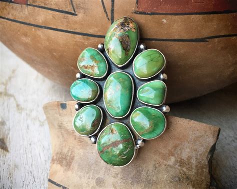Huge Navajo Green Turquoise Cluster Ring for Women Size 7, Navajo Native American Indian Jewelry