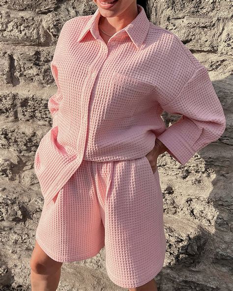 Shorts Sets Button Shirts with Shorts Two Piece Outfits Casual Solid C ...