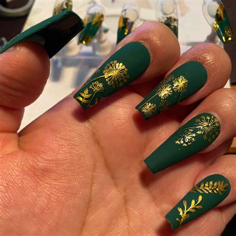 Dark Forest Green Nails-matte Green-gold Nail Art-gold - Etsy