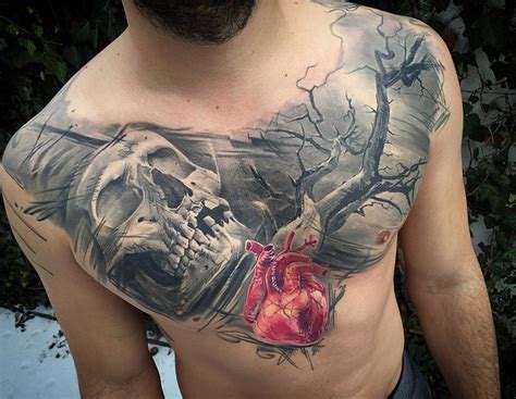 Heart & Skull Chest Tattoo | Best tattoo design ideas