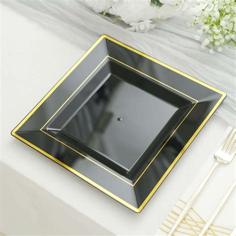 10 Pack | 10" Gold Trim Black Square Plastic Dinner Plate | eFavorMart