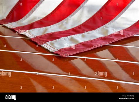 American flag and chrome fittings on Hackercraft wooden boat Lake Tahoe California Stock Photo ...