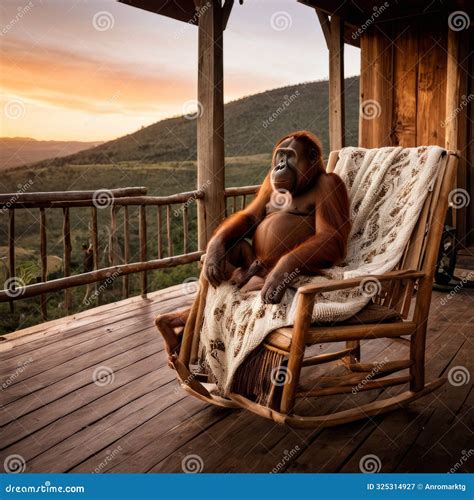 A Bald Orangutan Sits on a Rustic Porch with a Rocking Chair a Warm ...