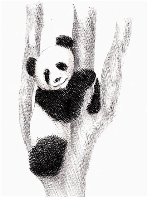 a black and white drawing of a panda bear hanging upside down on a tree branch