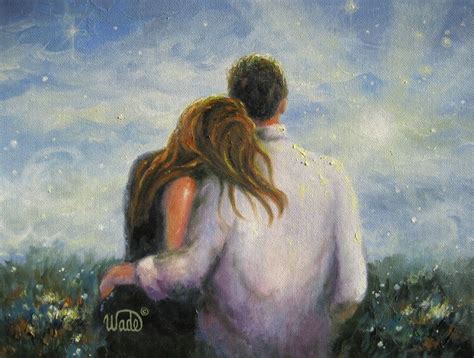 a painting of a man and woman embracing each other in front of a blue sky