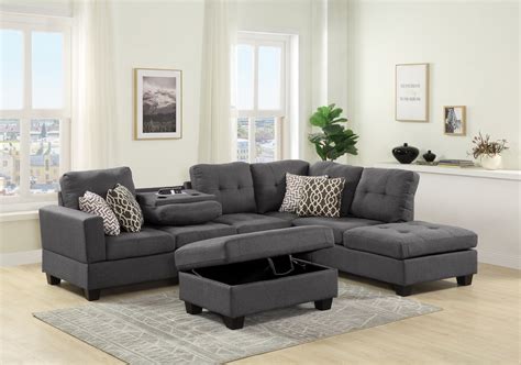 Lilola Home Kourtney Dark Gray Fabric Reversible Sofa Sectional with Dropdown Table, Charging ...