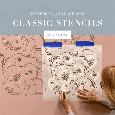 a woman working on stencils with the words refresh your space with classic stencils shop now