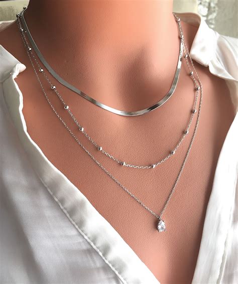 Sterling Silver Layered Necklace Set / Layering Necklaces / Harringbone ...