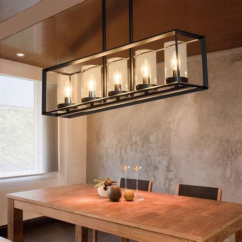 Contemporary Black Metal Frame 5-Light Kitchen Island Linear Pendant Light with Cl… | Lights ...