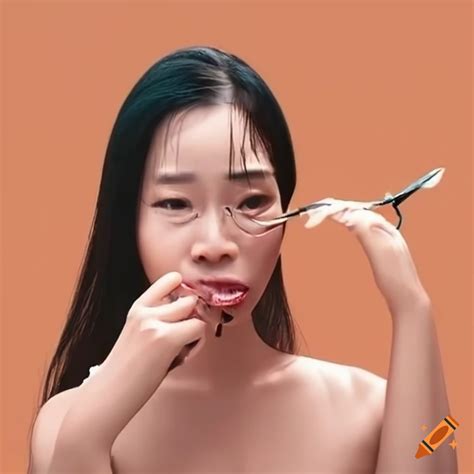 Asian lady drinking a stick bug on Craiyon