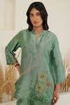 Buy Green Silk Placement Embroidery Flower Chinese Collar Floral Shirt ...