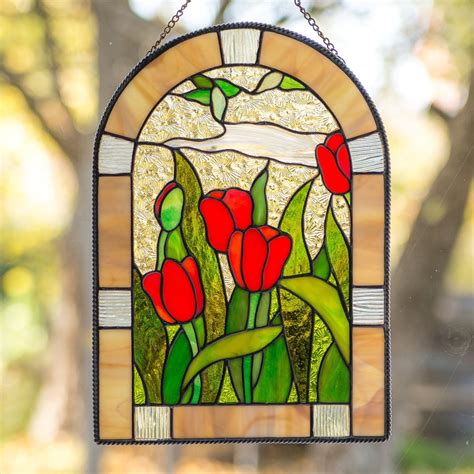 Stained glass red tulips window hanging flower panel