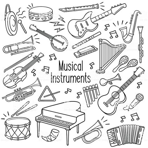 Set of musical instrument outlined doodle sketch in black color over... | Musical instruments ...