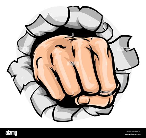 A pop art comic book cartoon fist punching a hole in the background Stock Photo - Alamy