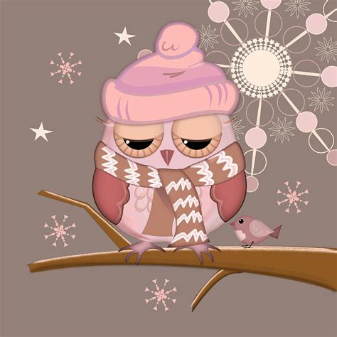 Cute owl in a pink Winter Drawing by Thea Walstra | Fine Art America