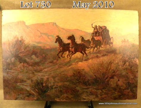 Original oil painting on artists board of stagecoach being chased by Indians through Western deser