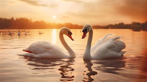 Premium AI Image | Swans swimming in the lake at sunset