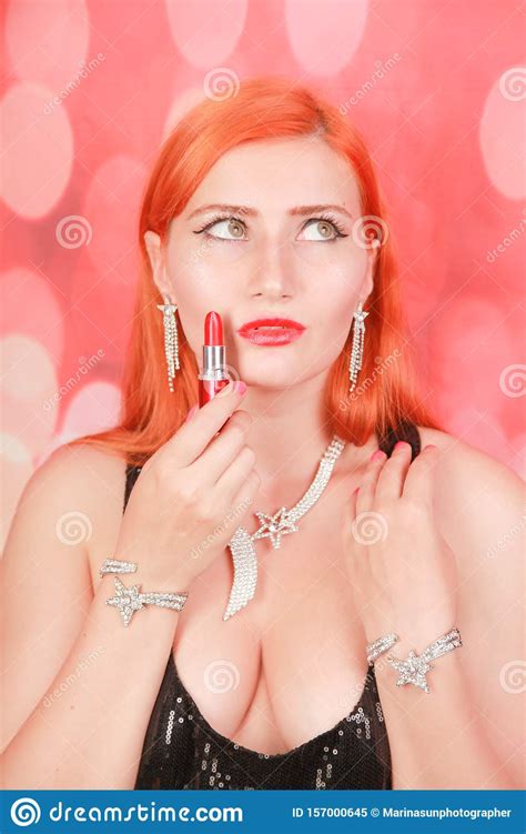 Red-haired Young Woman with Red Lipstick on Christmas Background Alone Stock Image - Image of ...