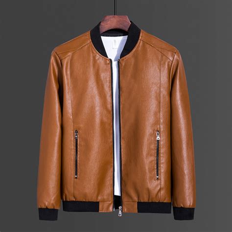 Zipped Men Jacket Stand Collar Vintage Faux Leather Men's Winter with ...