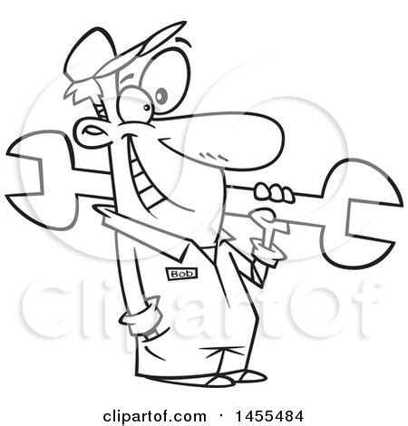 Clipart of a Cartoon Lineart Happy Car Mechanic Guy Holding a Giant Wrench - Royalty Free Vector ...