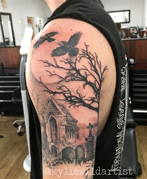 Graveyard, tree, crows, moon, tombstones, tattoo sleeve in progress by Kylie Wild Heslop ...