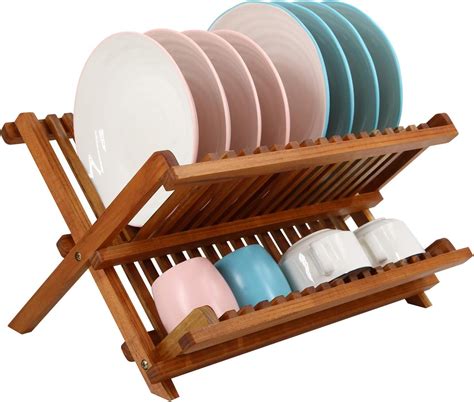 Utoplike Teak Dish Rack Stand Drainer, Collapsible 2 Tier Dish Rack ...