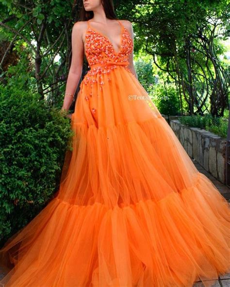 Details - Orange dress color - 3D embroidered blossom cups on top of the dress - Tulle fabric ...