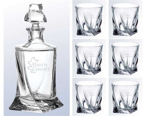 Engraved Crystal Swoop Whiskey Decanter with Stopper with 4 or 6 Glasses