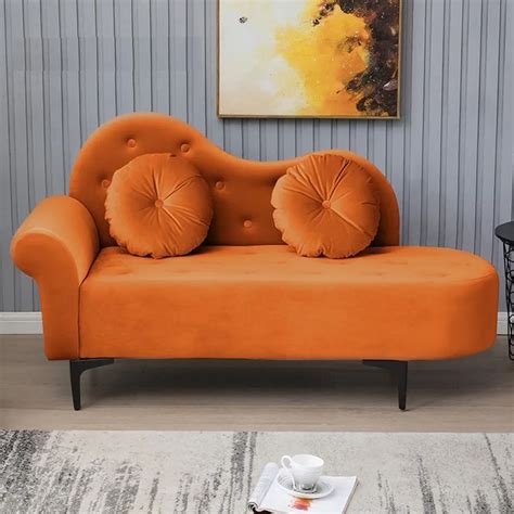 63" Orange Velvet Button Tufted Chesterfield Chaise Lounge with Pillows Sofa Couch | Small sofa ...