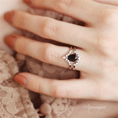 Black Diamond Ring Set Sterling Silver Ring Set Black Spinel Engagement Ring Promise Ring Black ...