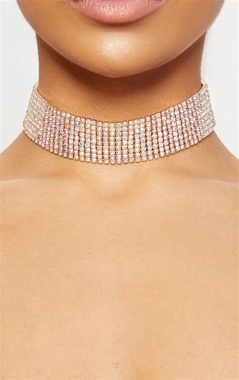 Iridescent Wide Diamante Choker | PrettyLittleThing UAE