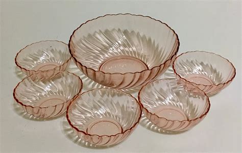 Arcoroc France Rosaline Pink Swirl 9 Serving Bowl and Five 4 3/4 Bowls